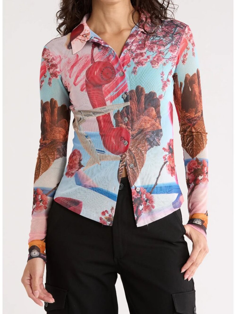 Desigual Long Sleeve Mesh Button-Up Shirt